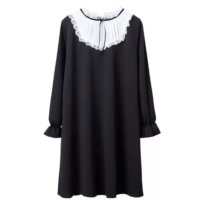 Японское милое модное черное платье для женщин, корейское, милое, с бантом, кружевное, в готическом стиле, свободное, со стоячим воротником, для девушек, Лолита, мини 8446 - Цвет: Long Sleeve