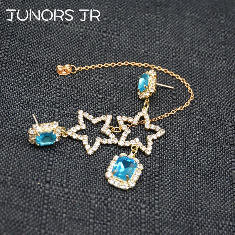

Creative Blue Glass Crystal Stars Gold Statement Drop Earrings For Women Blue Water Drop Asymmetry Dangle Earrings For Girl Gift