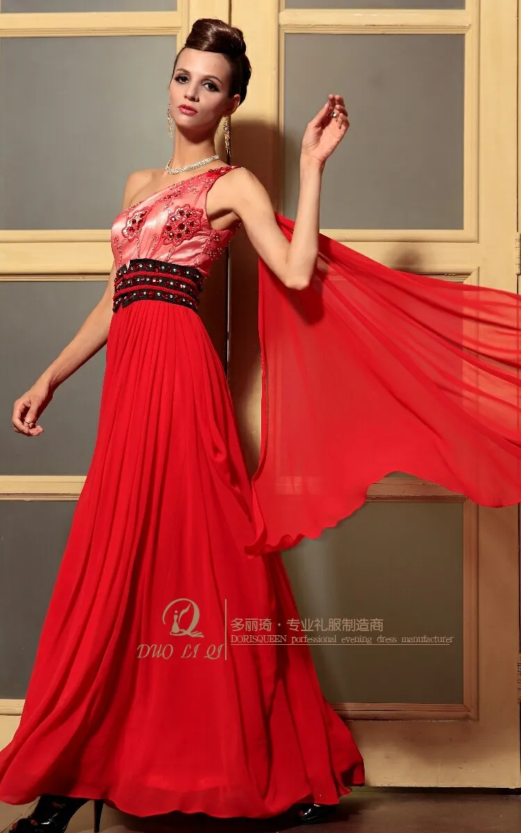 Красный осенью и зимой невесты горничная платье плюс размер vestidos formales долго алмаз одно плечо Пром Платья - Цвет: Красный