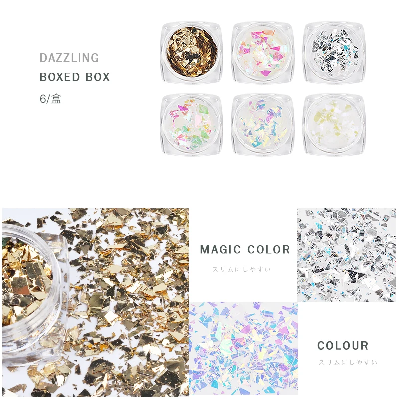 6pot/set Irregular Broken Glass Gold Sequins Nail Art Decoration Flakes Glitters 3d Nails Tips Design Manicure UV Gel Polish New
