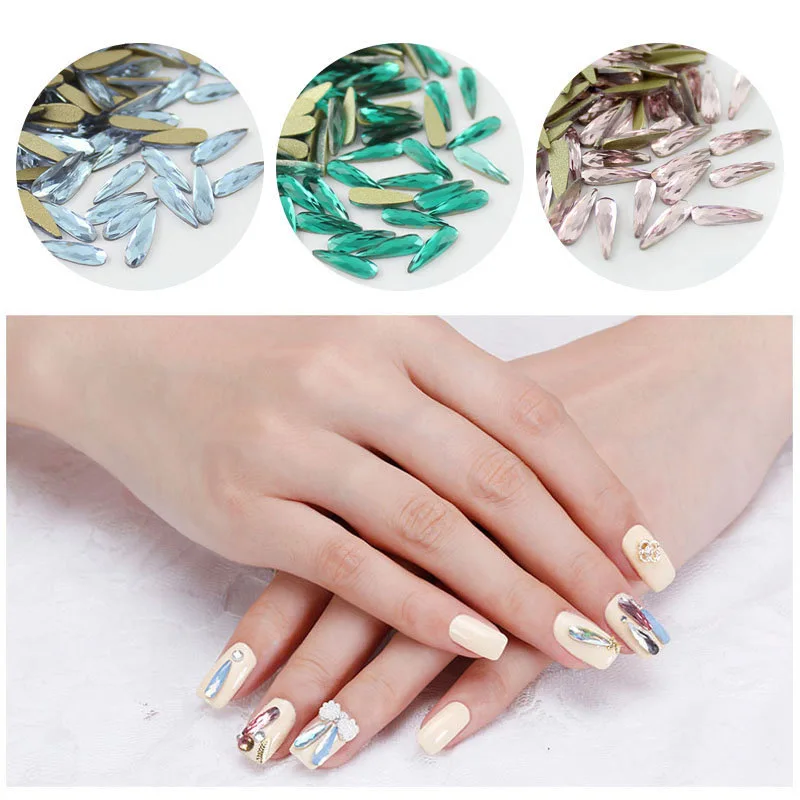 

3D Nail Art Rhinestones 20Pcs/Pack Flat Shaped Elongated Teardrop Rectangle Glass Flame Colorful Stones For Nails Decoration