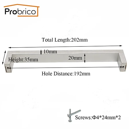 Probrico квадратные ручки для шкафа 20 мм Ширина нержавеющая сталь кухонные дверные ручки для ящиков платяного шкафа 96 мм-320 мм мебельные ручки 1 шт - Цвет: Hole Space 192mm