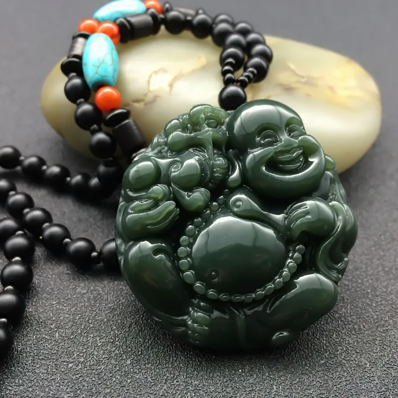 

Natural Hetian Qing Jades Pendant 3D Carved Laughing Maitreya Buddha Pendants Women Men's Amulet Nephrite Jewelry+Beads Necklace
