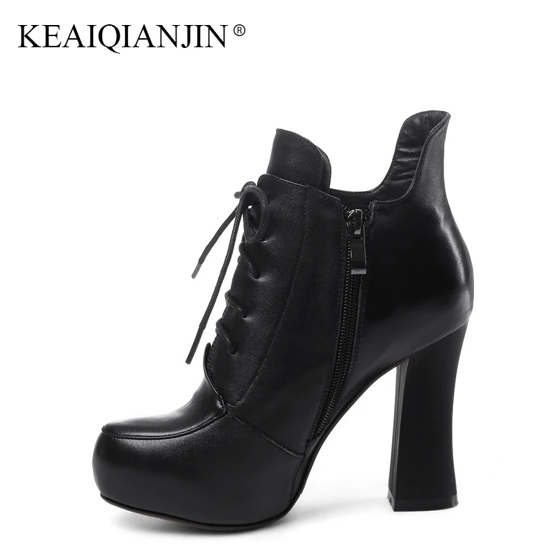 

KEAIQIANJIN Woman Autumn Winter White Chelsea Ankle Boots Fashion Black High Heels Shoes Genuine Leather Lace Up Martin Boots