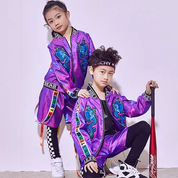 

2019 New Dance Costumes Kids Hiphop Costume Girls Stage Dance Clothis Purple Street Sets Four Pieces Kids Jazz Costume BL1096