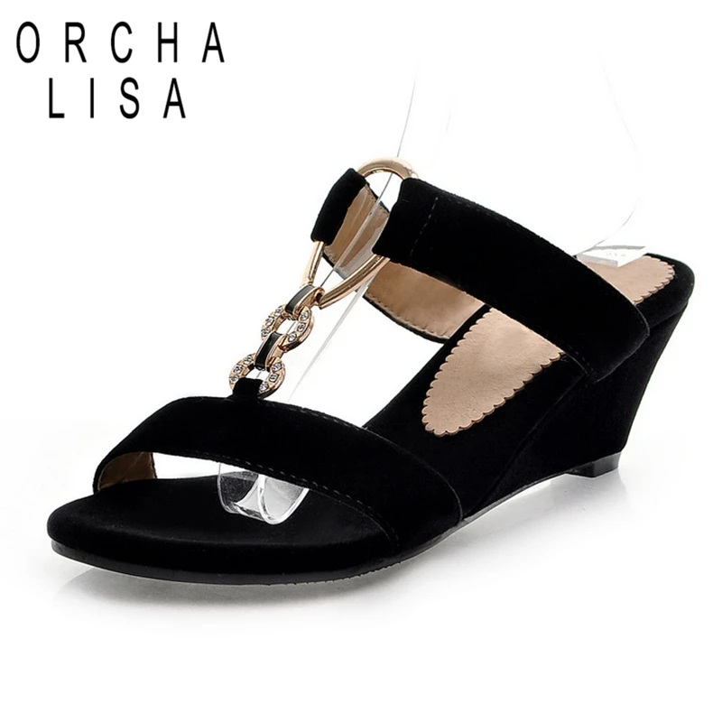 ORCHA LISA/Женские босоножки; женская обувь на танкетке; Летняя обувь цепи с украшением в виде кристаллов, флок, Для женщин шлепанцы без задника с открытыми пальцами Новые Черные Блестящие модные Повседневное распродажа C348