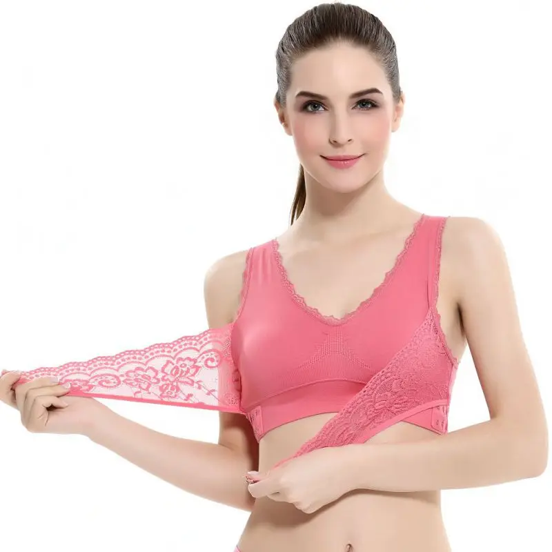 Women's Intimate Lace Solid Color Cross Bra Pink Model 1