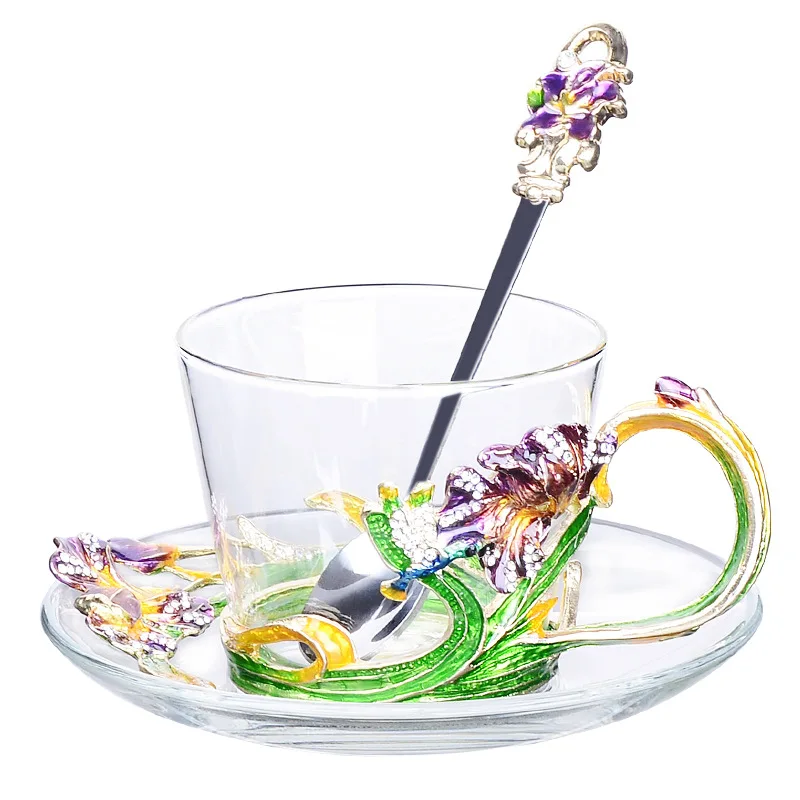 الملونة المينا زهرة أكواب القهوة أكواب شاي زجاجية و أكواب مع لوحات ملاعق الإبداعية coffeeware