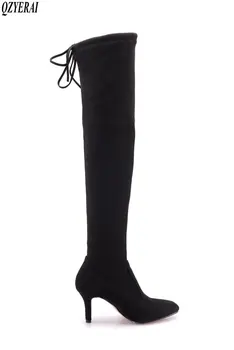 

QZYERAI size 34-43 New arrival in autumn women's boots heels knee-high stretch boots European style comfort women's shoes