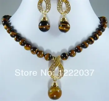 

NEW 3 colors red&green stone tiger's eye necklace crystal pendant earring set