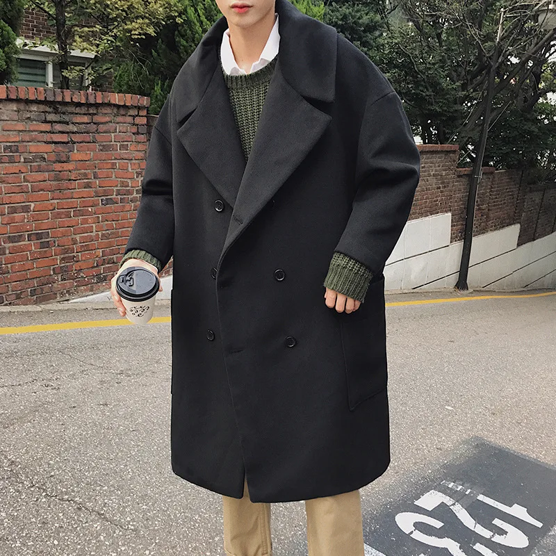 Повседневное модное длинное шерстяное мужское пальто, теплое свободное Мужское пальто с длинным рукавом, одноцветное двубортное корейское мужское модное пальто