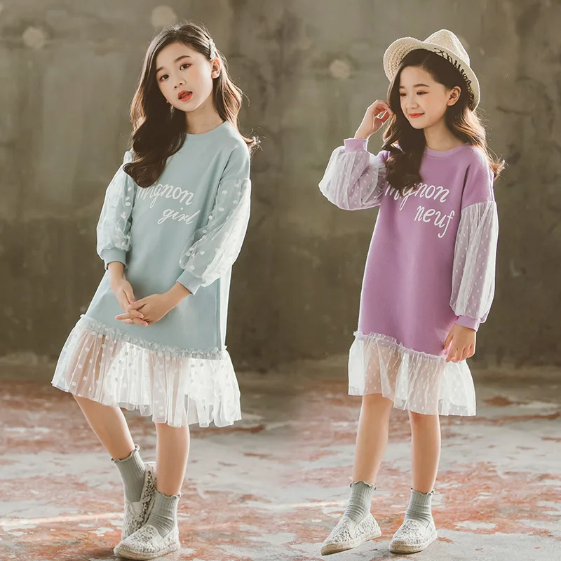 

Girls Fall Dress Kids Dresses 2019 Korean Style Spring Autumn Children Polka Dots Mesh 4 to 15 Years