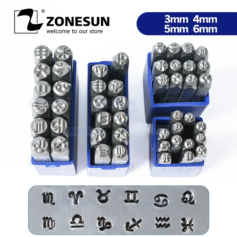 

ZONESUN Zodiac Sign 12PCS Jewelry Metal Stamps Symbols Leather Punch Die Stamping Tools Steel Metal Tool For Bracelet Necklace