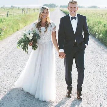 

LORIE Wedding Dress Short Sleeves Scoop Lace Top A Line Tulle Skirt Beach Bride Dress Boho Wedding Gown Free Shipping 2019