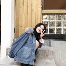 GRUIICEEN Высокая уличная зимняя джинсовая куртка пальто модная теплая джинсовая куртка женская с меховым воротником Верхняя одежда GY2018530