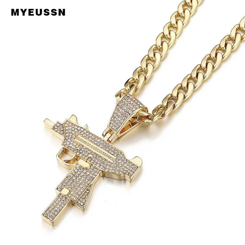 

Submachine Gun Fashion Pendant Iced Out Crystal Gold/Silver Charm Necklace Hip Hop Jewelry Cuba's Necklace Punk
