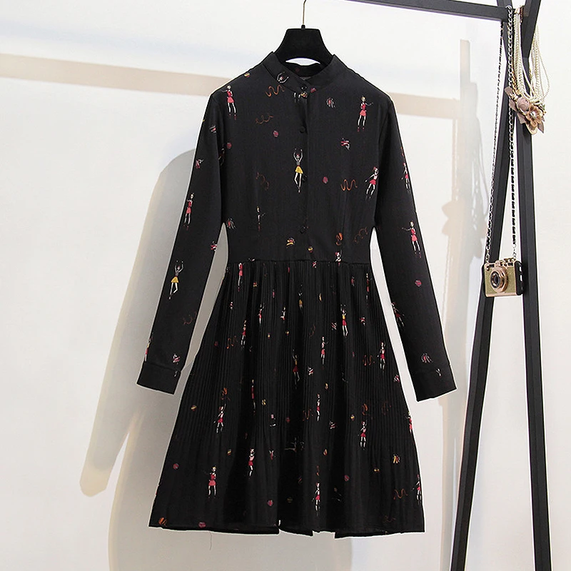 

2019 Summer Autumn Chiffon Dress Women Long Sleeve Black Pleated Print Dress Plus Size Elegant beach boho Dress vestidos robe