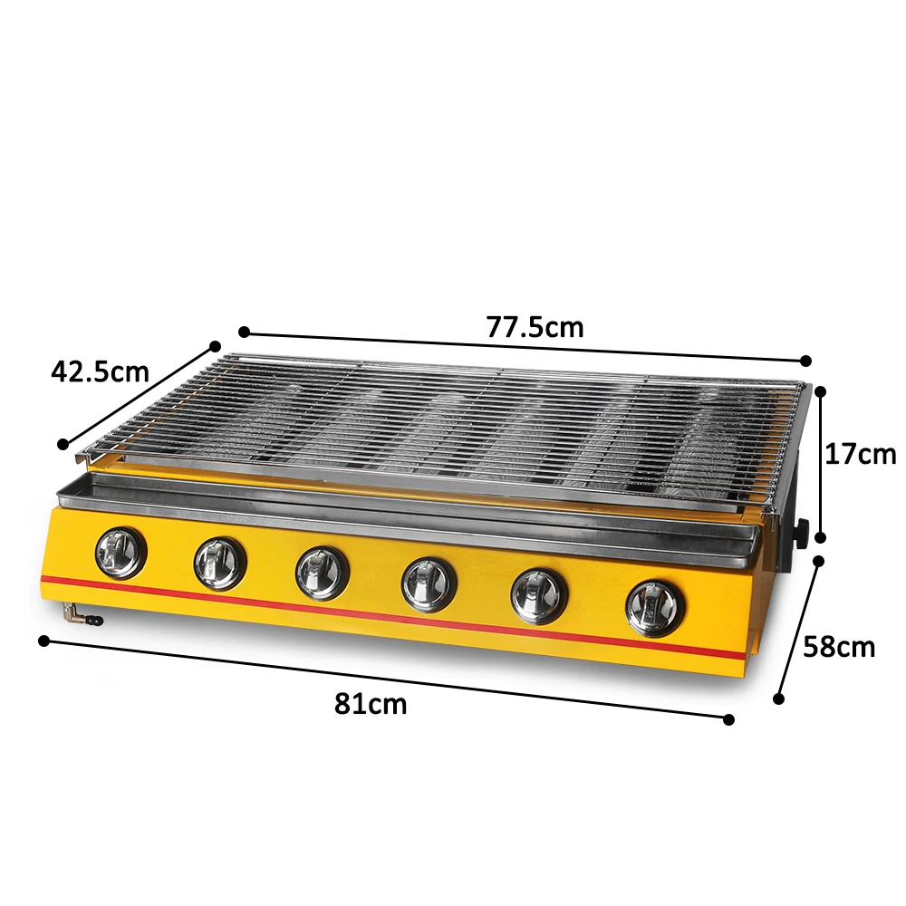 GZZT Big BBQ Grill 6 Burners Yellow Glass Shield Heat Fast Easy to Clean Infrared Burner Grills For Outdoor Picnic 810*580*170mm