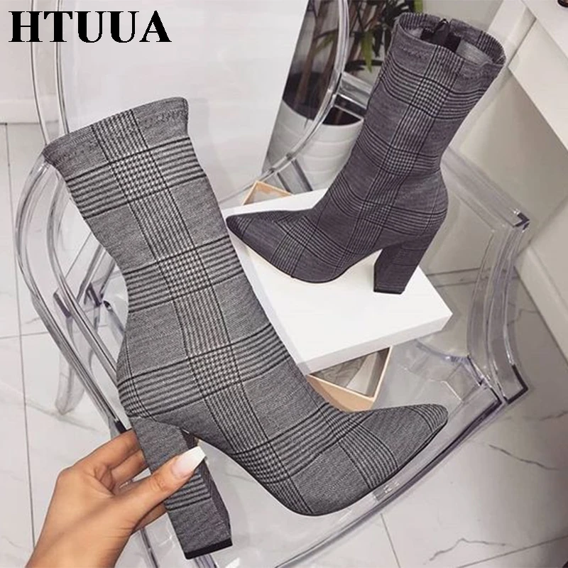 

HTUUA 35-42 Plus Size Ankle Boots for Women Sexy Pointed Toe High Heels Plaid Knight Boots Short Boots Ladies Shoes SX1703