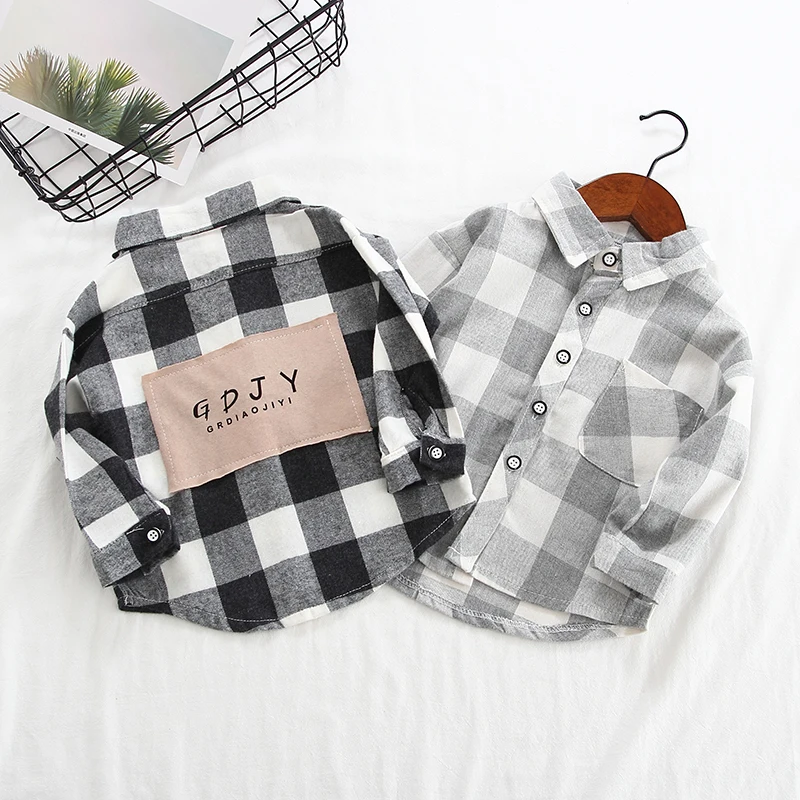 

boys and girls shirt 1-5 years old Spring and Autumn Neutral Back Patch letter Long Sleeve Shirt Cotton Plaid Polished Shirt