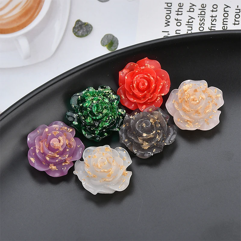 

1 Pcs Flat Base Resin Gold Foil Rose Flower Accessories For Women Colorful Diy Handmade Jewelry Making Supplies