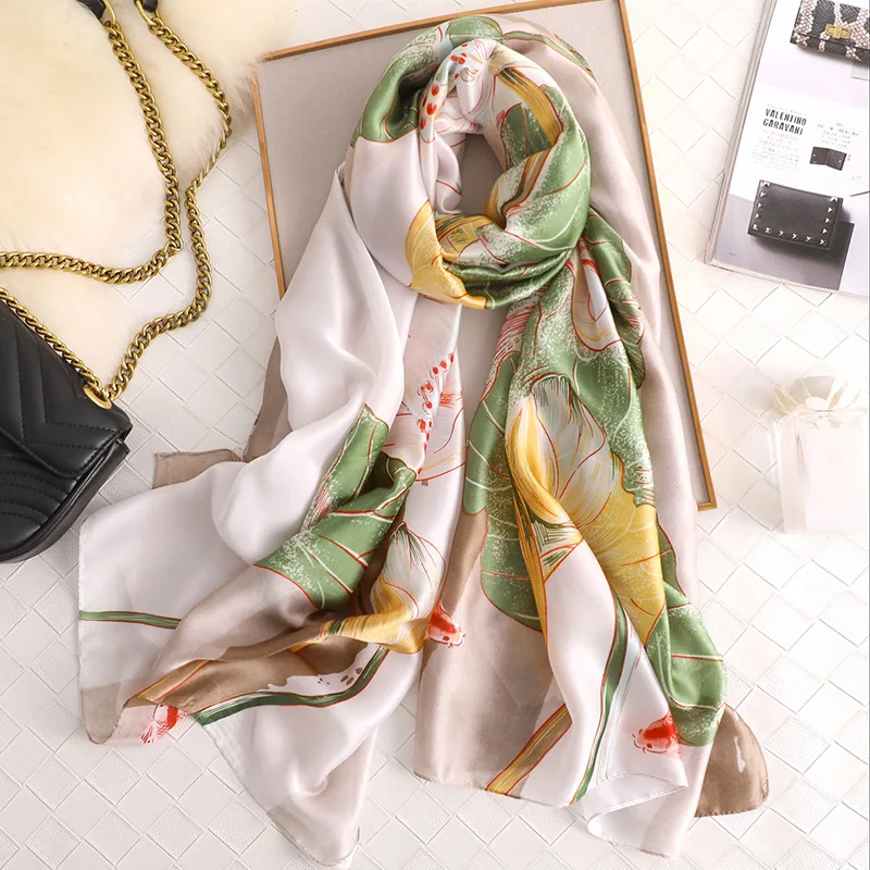 Шелковый шарф женский Шали Обертывания люксовый бренд путешествия Пашмина, хиджаб шарфы женские пляжные шарфы платок женский шейный платок парео пончо женское - Цвет: FS436-Beige Green