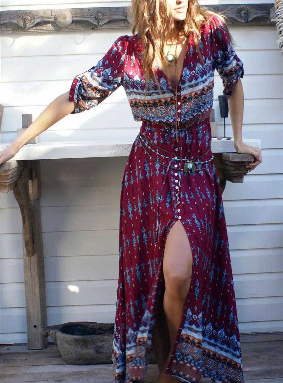 Gladiolus Boho Long Summer Dress Women Half Sleeve V Neck Button Print Floral Women Beach Dress 2019 Ladies Sexy Maxi Dresses (45)