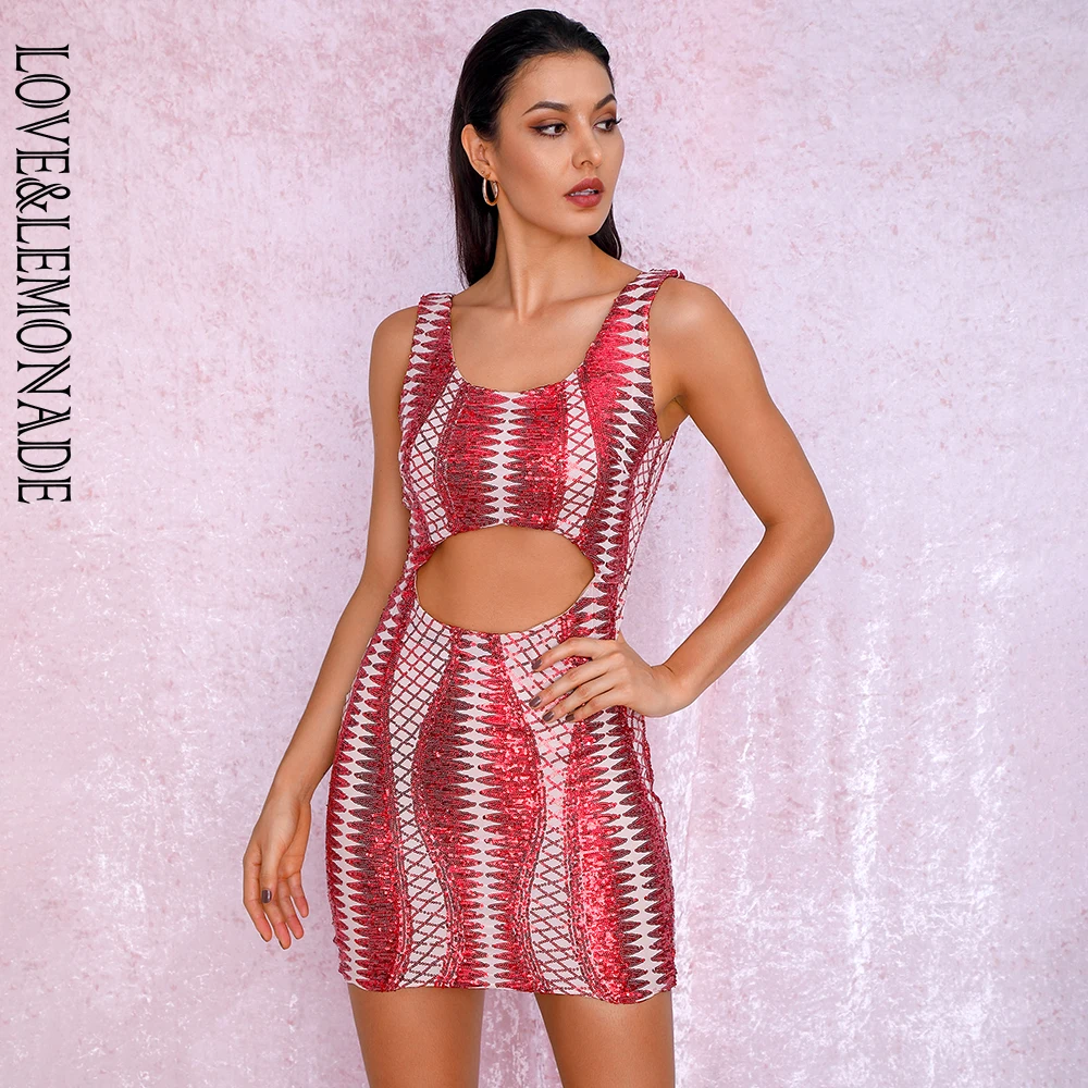 

LOVE&LEMOANDE Sexy Round Neck Cut Out Geometric Elements Sequins Bodycon Party Dress LM90071