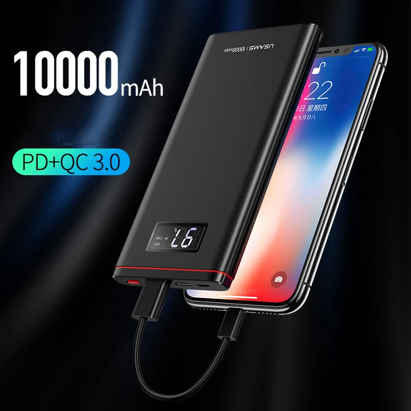 

PD+QC 3.0 18W Quick Charge Power Bank 10000mAh USAMS Dual USB LCD Powerbank External Battery Charger Phone Tablets Poverbank