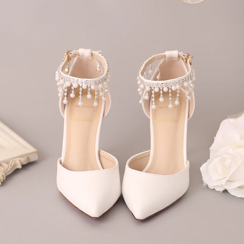 

New womens shoes sandals women wedding shoes white pearl diamond bride shoes red pointed high-heeled with wristband sandals