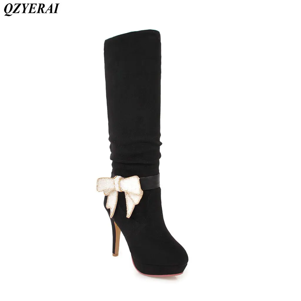 

QZYERAI Winter super warm high heel lady boots can be folded into short boots sexy womens shoes blue bow tie womens boots