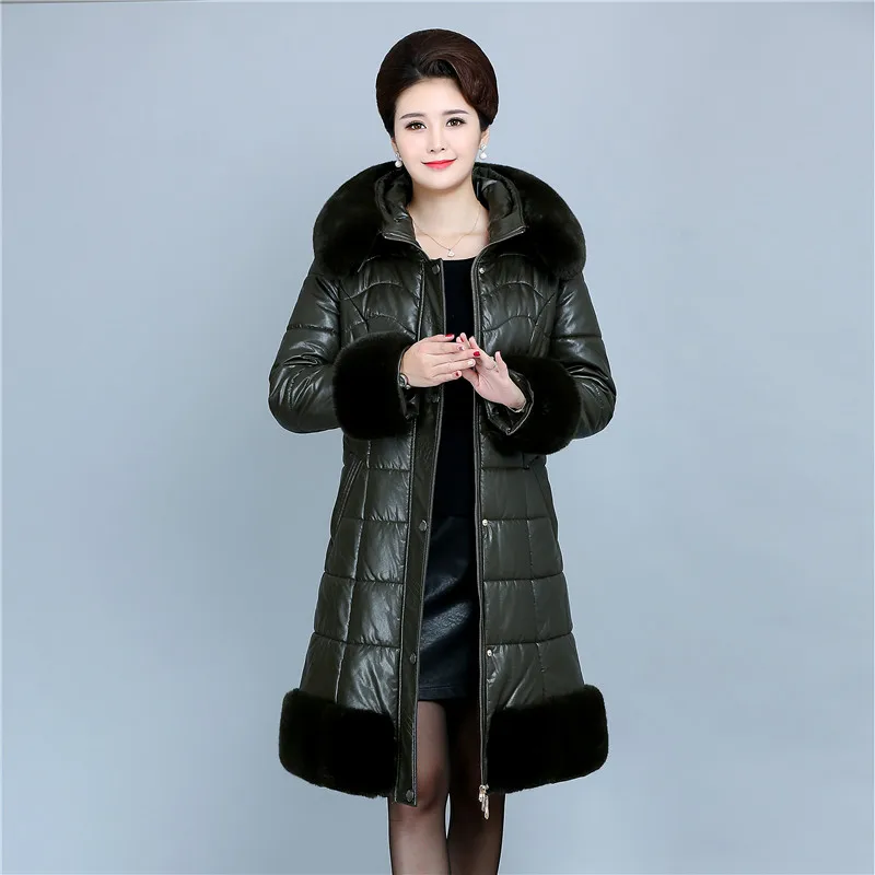 

2018 New Fashion Winter Soft Leather Jacket Long Coat Women Big Fur Collar Hooded Thicken PU Parkas Female Warm Outerwear 6XL