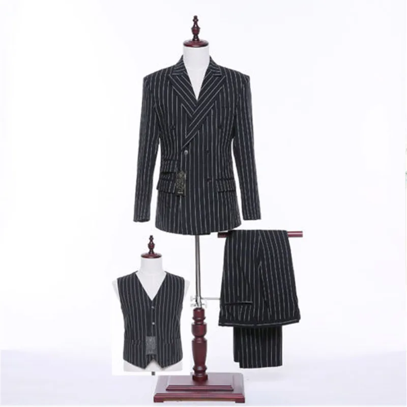 6-1 139.99  Black Striped Pattern Men Wedding Suits Groom Tuxedo Formal Best Man Suit Blazer (jacket + pants + vest) custom made_