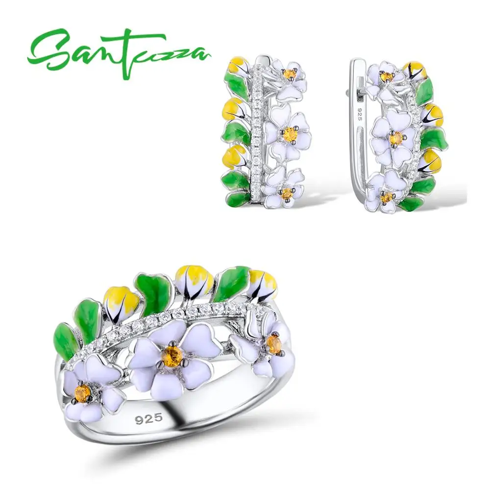 

SANTUZZA Jewelry Set HANDMADE Colorful Enamel Flower Yellow CZ Stone Ring Earrings 925 Sterling Silver Women Fashion Jewelry Set