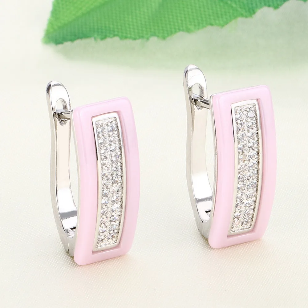 Модный женский ювелирный набор, розовое керамическое 8 мм широкое кольцо с одним рядом кристаллов и прямоугольных женских сережек, лучшие подарки для друзей