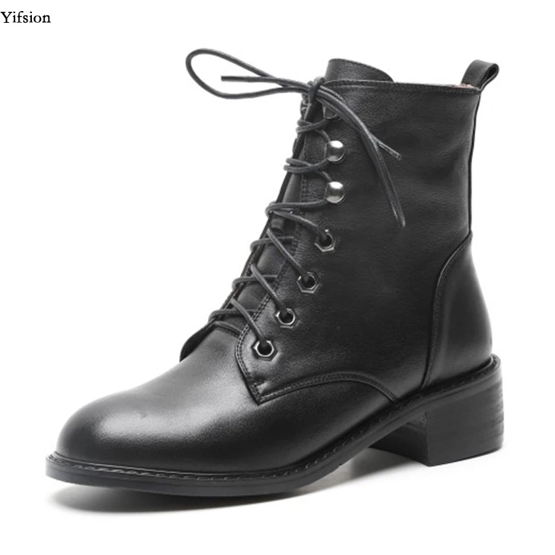 

Olomm Women Leather Martin Ankle Boots Cross-tied Square Low Heels Boots Round Toe Black Beige Party Shoes Women US Size 3-9