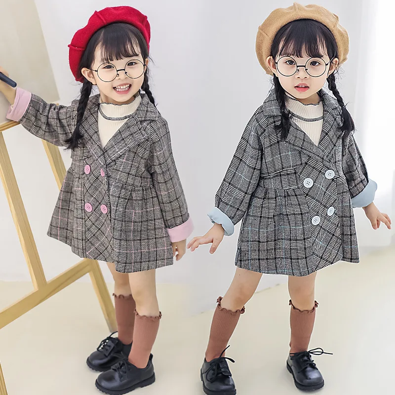 Autumn New Korean Baby Girl Plaid Jackets Toddler Girl Winter Clothes Little Girl Fashion Long Coats Kids Blazer Coat Outwear