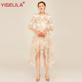 

YIGELILA 62546 Women Empire Asymmetrical Long Dress High Street O-neck Half Sleeve Organza Ribbon Embroidery Dress