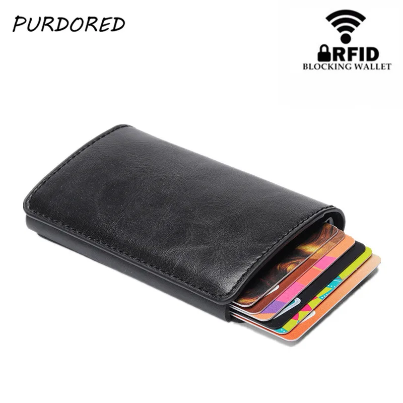 

PURDORED 1 pc Men RFID Card Holder PU Leather Solid Color Business Cards Case Men Mini Wallet Credit Cards Case Bank Card Box