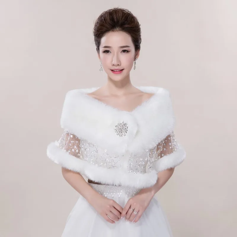 Elegant Cheap Warm Bridal Cape White Winter Fur Coat Women Wedding