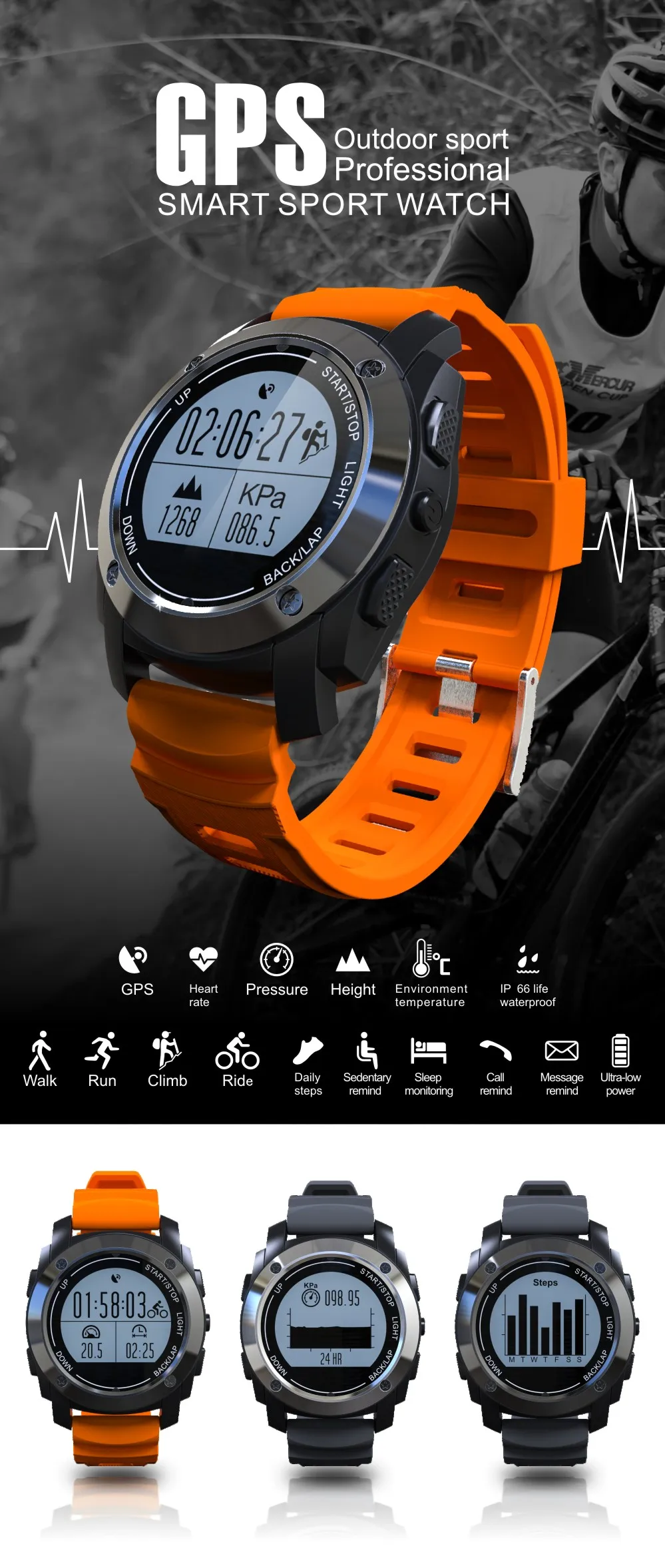 Smartch gps спортивные Смарт часы S928 Bluetooth часы монитор сердечного ритма шагомер Спидометр давление, высота над уровнем моря водонепроницаемый