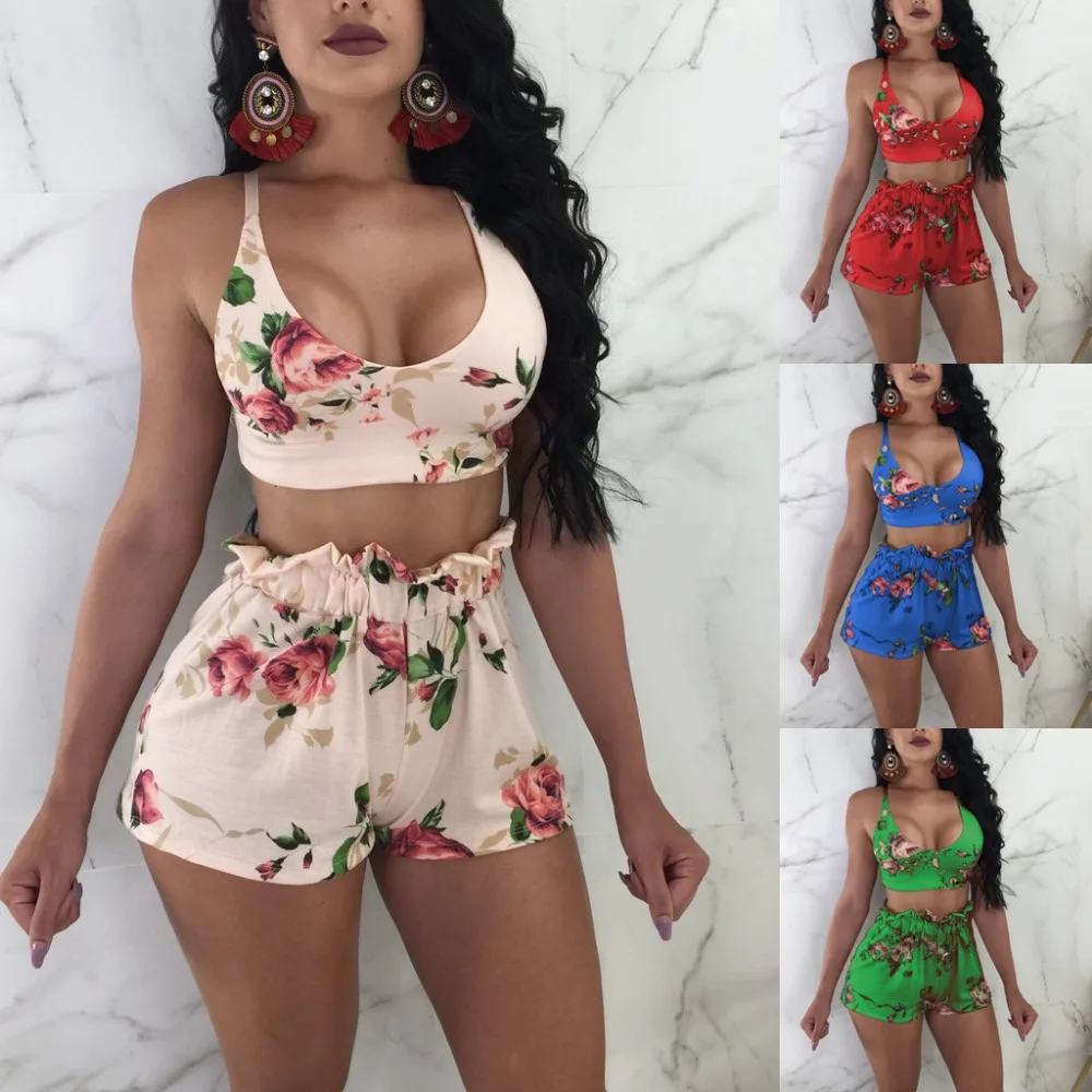 Summer Spaghetti Strap Printed 2 Piece Set Adjustable Sexy Bandage Elegant Crop Tops and Casual Floral Two Pieces Set Female blazer and pants set