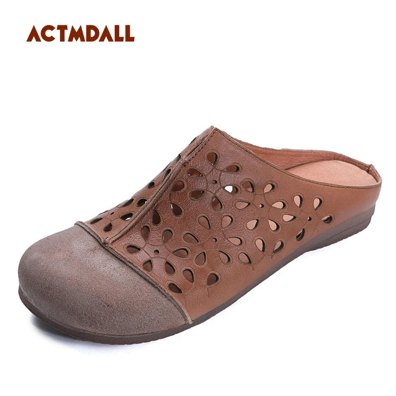 

2019 spring summer leather women slippers closed toe handmade casual shoes female flats hollow out grey coffee