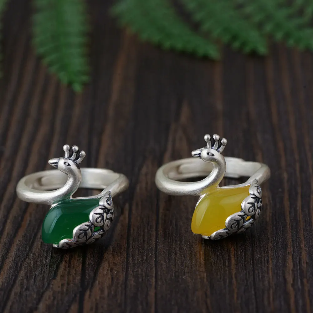 

FNJ 925 Silver Peacock Ring Red Zircon Green Yellow Chalcedony Original S990 Sterling Thai Silver Rings for Women Jewelry Black