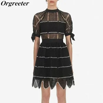 

2019 Summer New Arrival Hollow Out Mesh Knit Lace Dress Women Short Sleeve Bowknot High Waist Asymmetrical Hem Patchwork Dresses