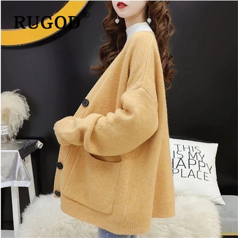 RUGOD корейский шикарный вязаный кардиган для женщин, модный однобортный женский свитер большого размера, женский свитер размера плюс, пальто
