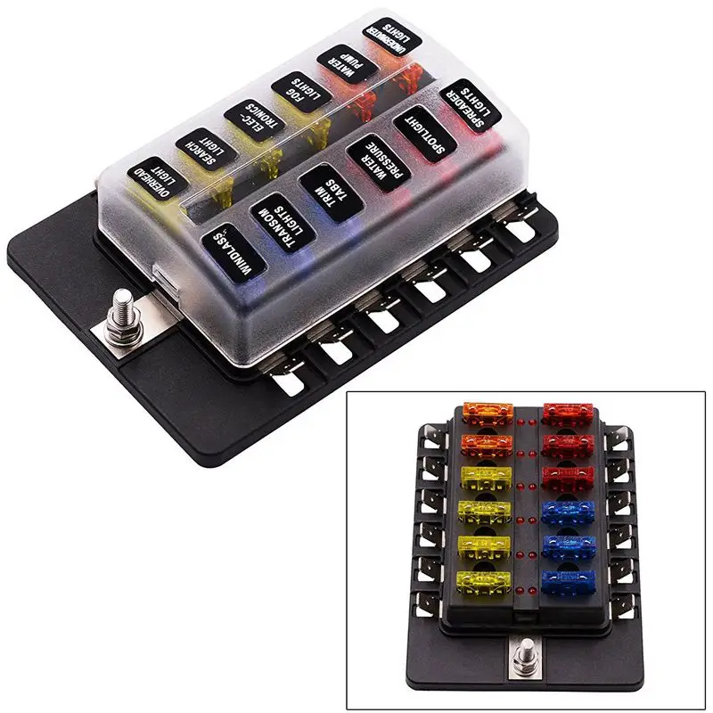 

12 Way Blade Fuse Box Holder with LED Warning Light Kit for Automotive Car Marine Boat,5A 10A 15A 20A Free Fuses Led Indicator