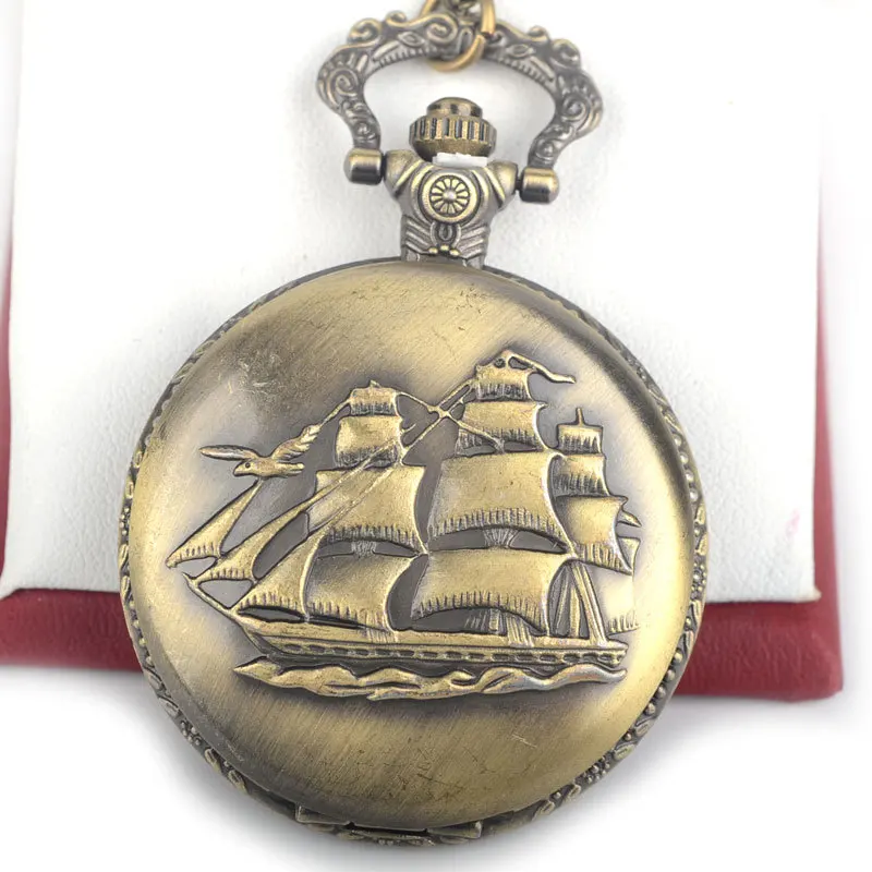 Dropshipping Vintage Antique Bronze Pocket Watch Sailing Canvas Boat
