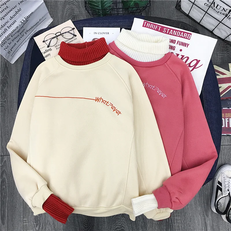 Autumn Women Sweatshirt Hoodie Korean Ulzzang Harajuku Patchwork Wool Pullover Sweatshirts Female F