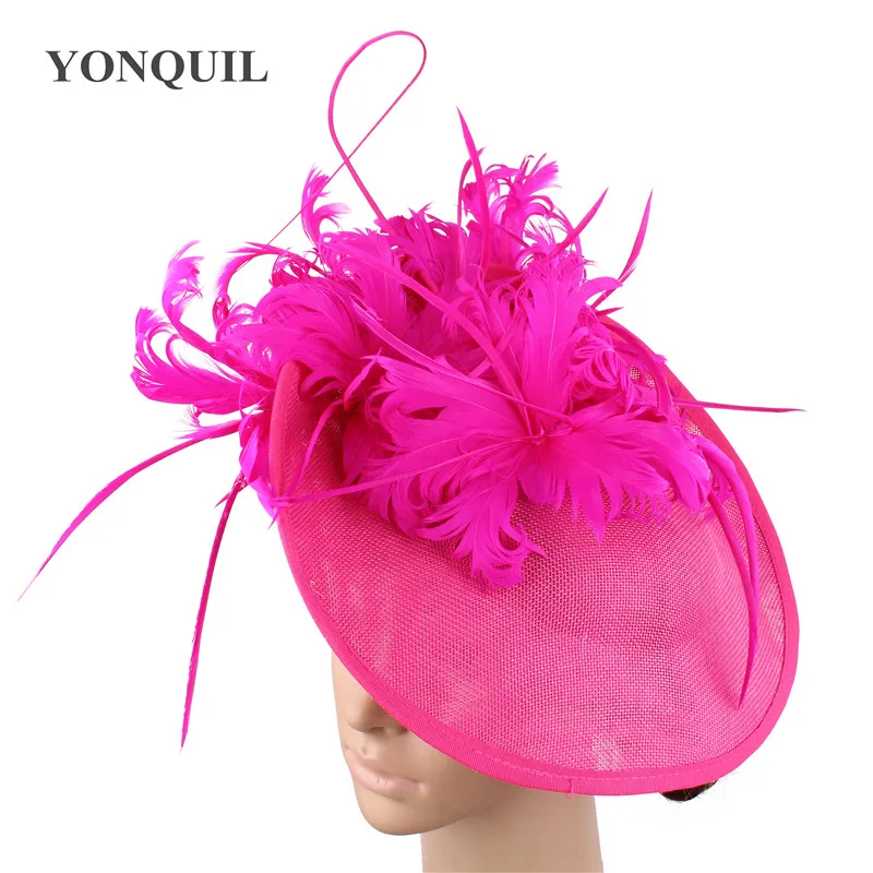 

Hot pink feathers millinery hats fascinator Imitation sinamay derby kentucky caps bridal married elegant headpieces for occasion